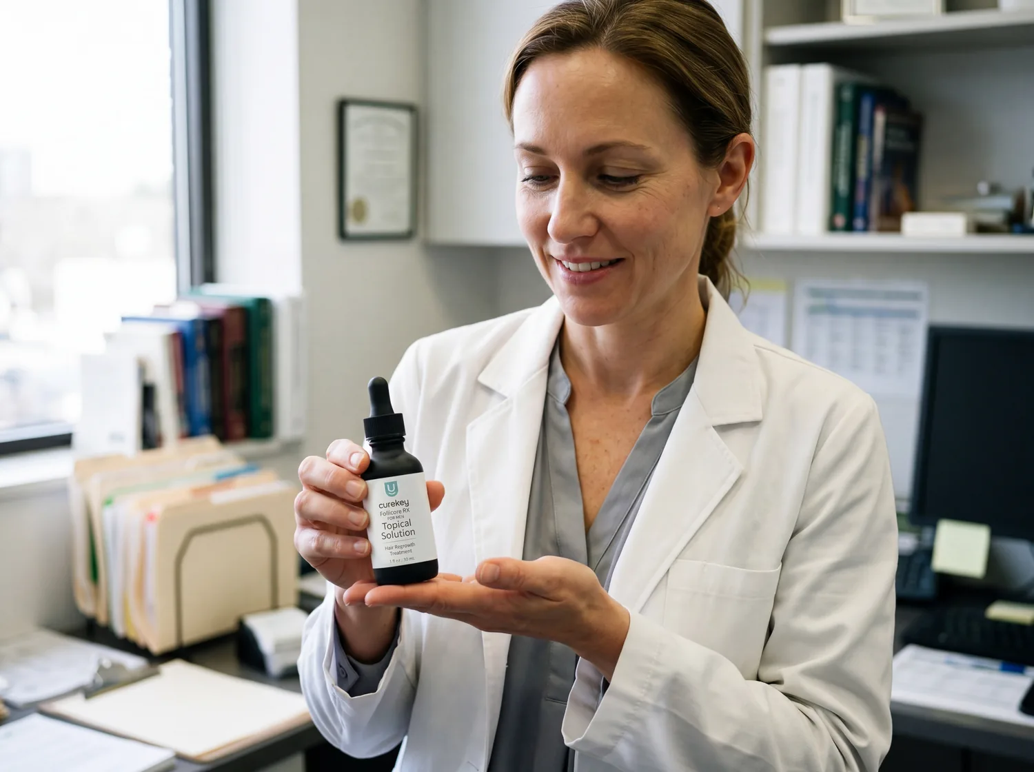 Clinician explaining how to apply topical hair-loss treatment