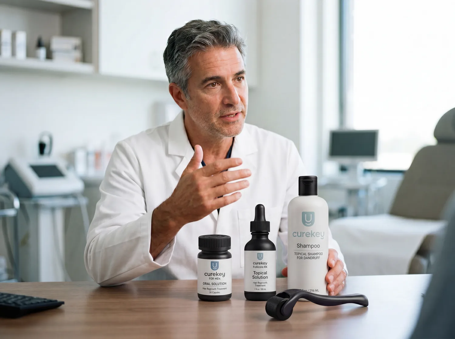 Clinician presenting Curekey hair-loss treatment options