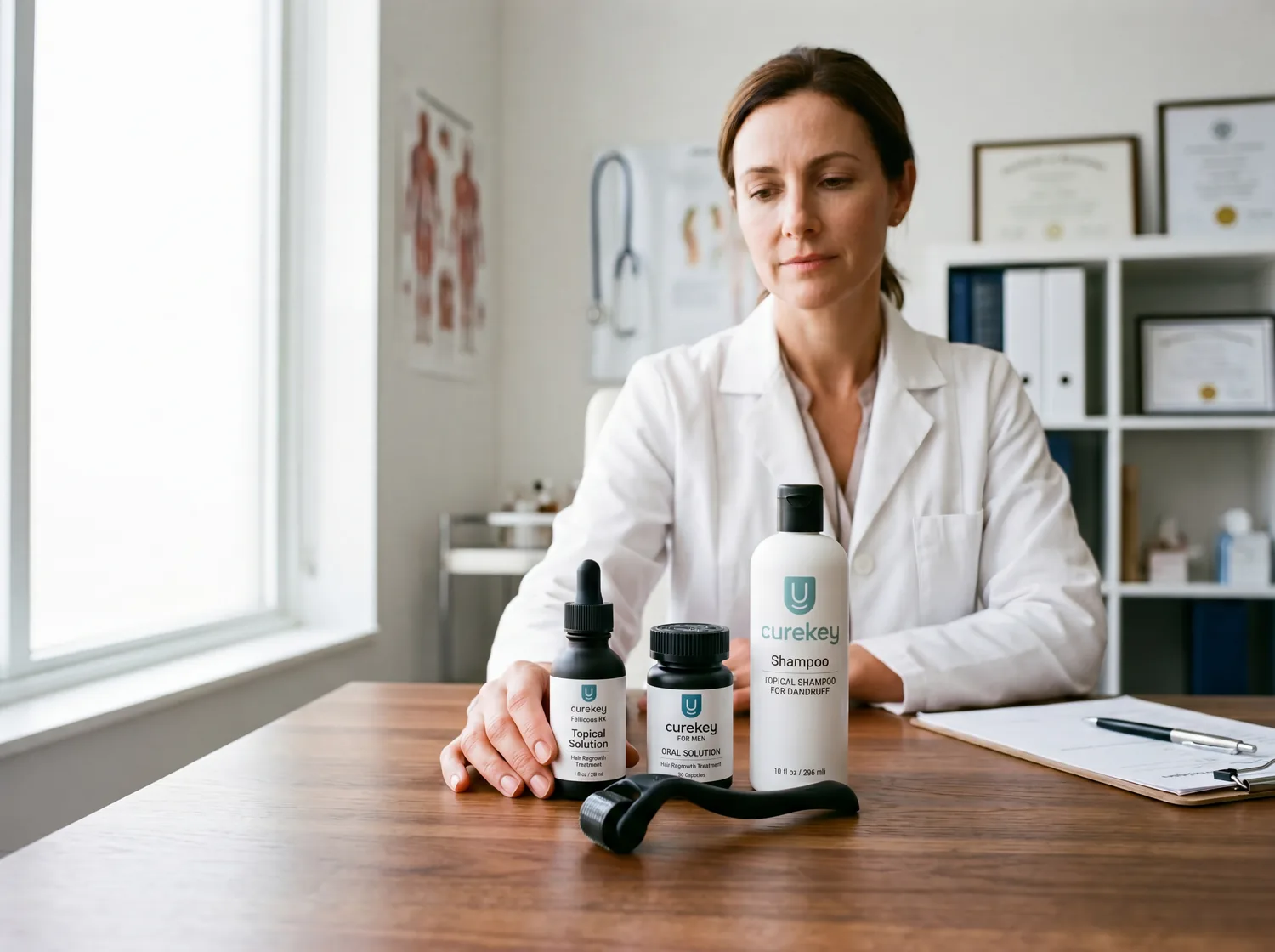 Curekey clinician with hair-loss treatment products on display