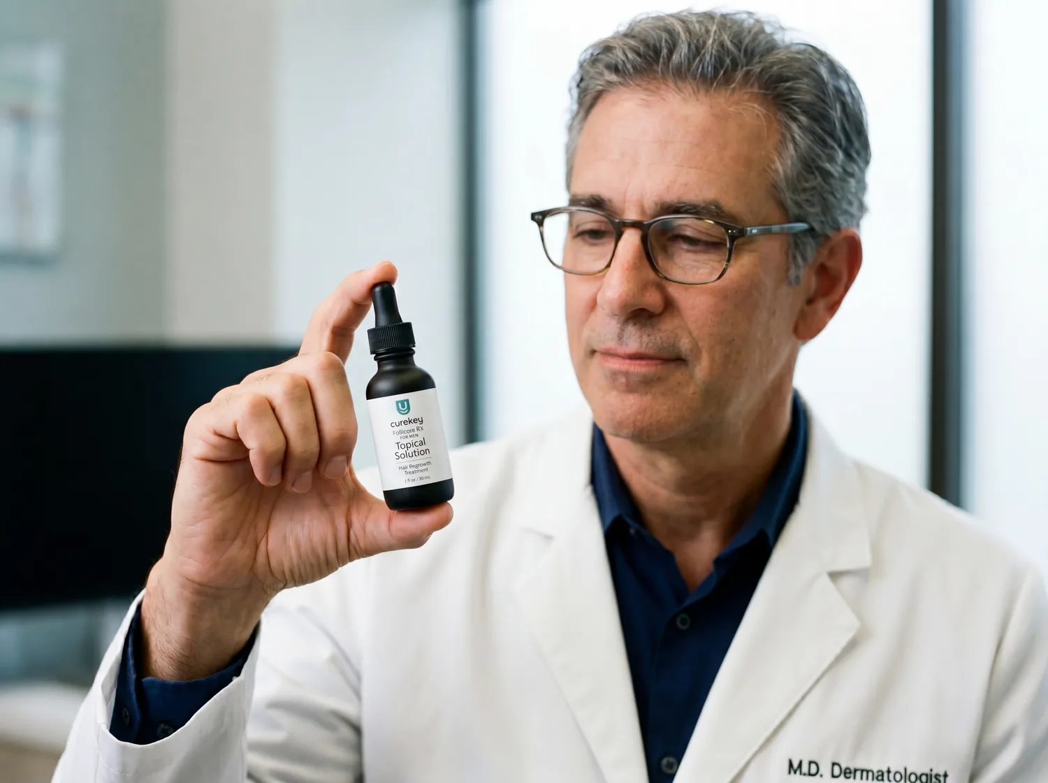 Dermatóloga presentando opciones de tratamiento tópico para la caída del cabello