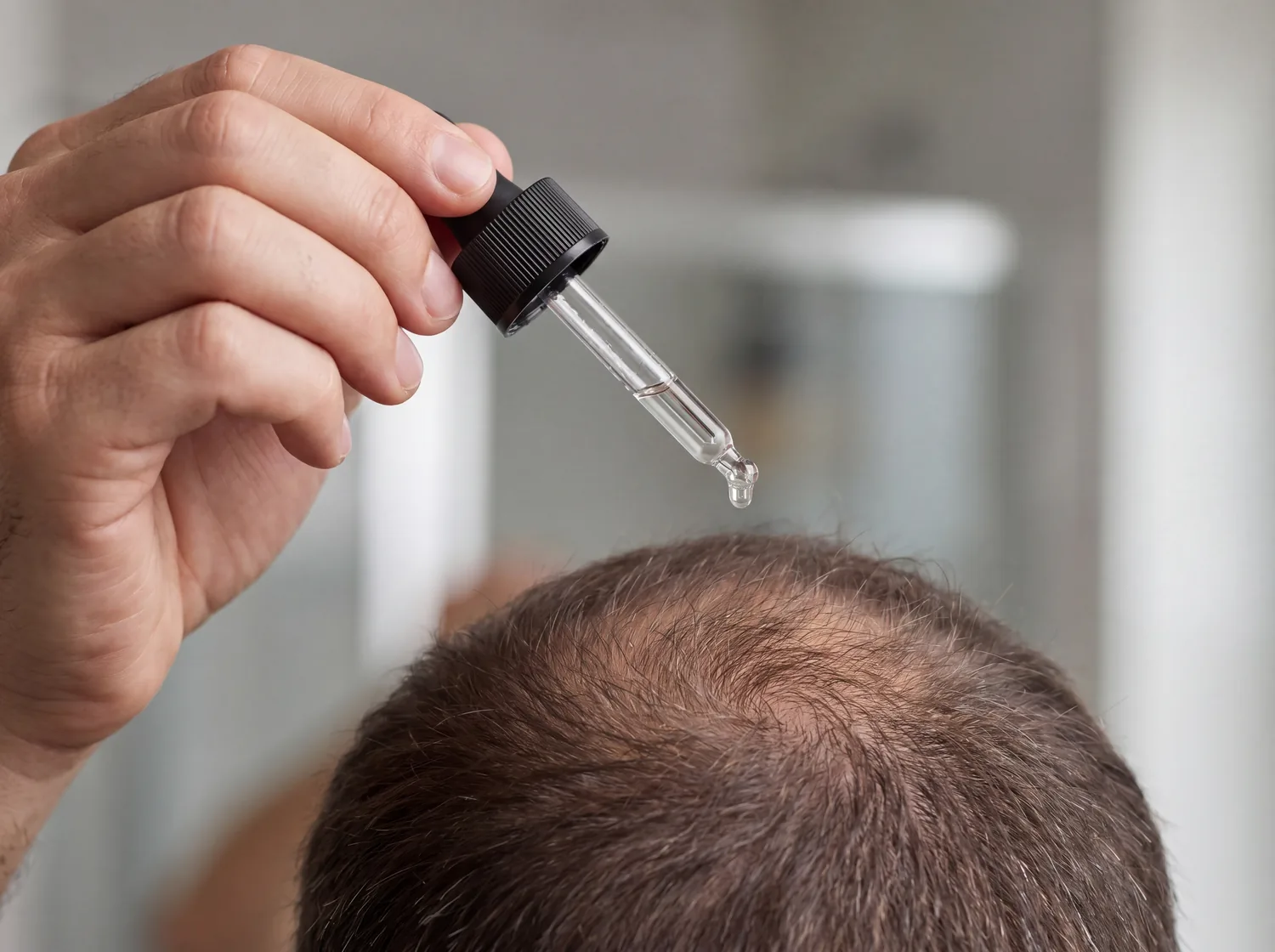 Dropper applying topical hair-loss treatment to the crown