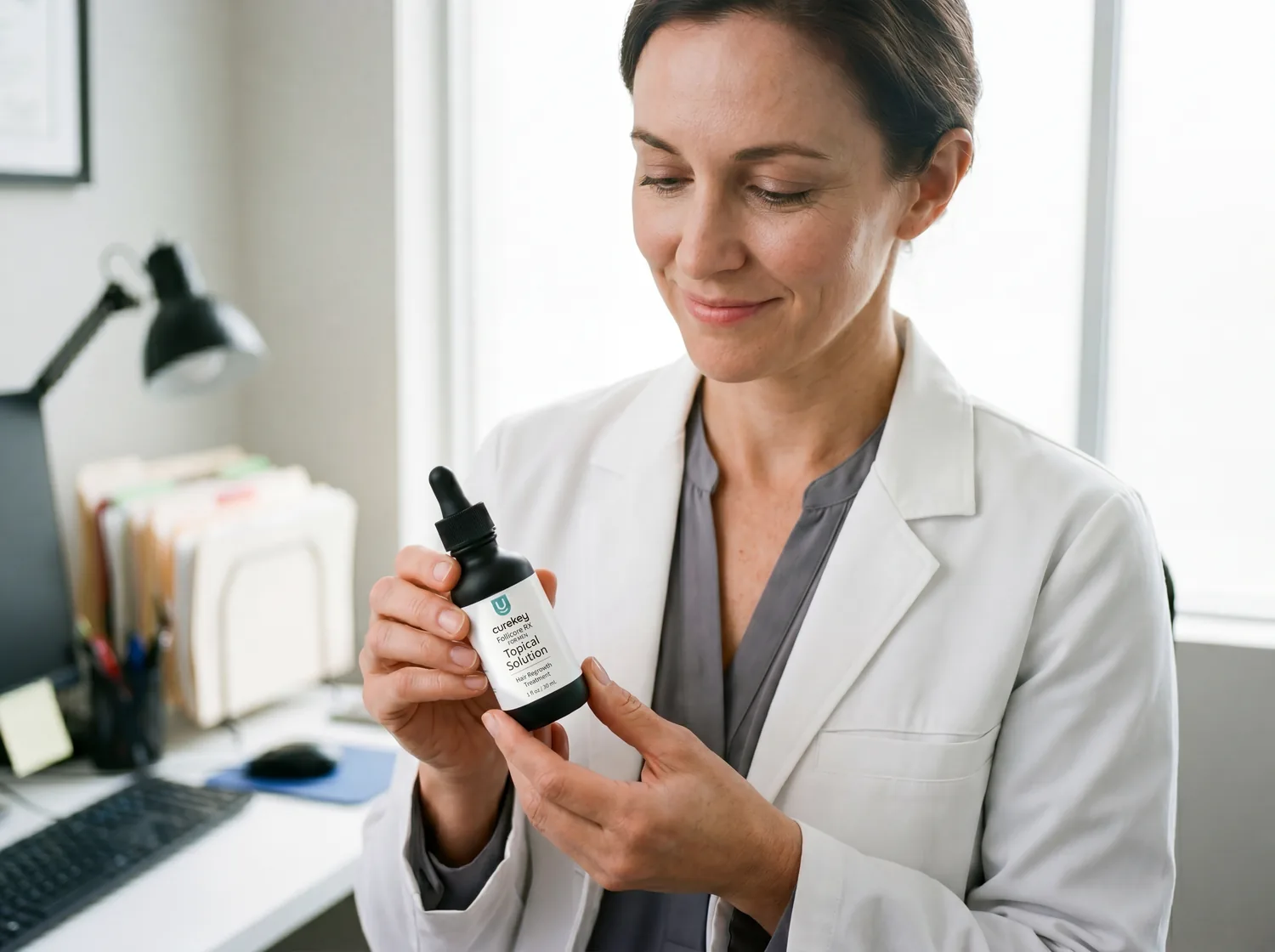 Female clinician inspecting a topical hair-loss treatment