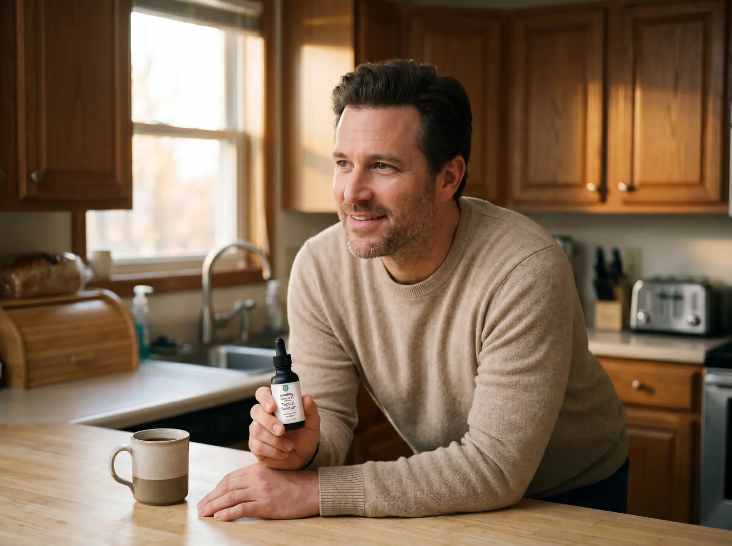 Mature patient at kitchen counter with a Curekey topical product