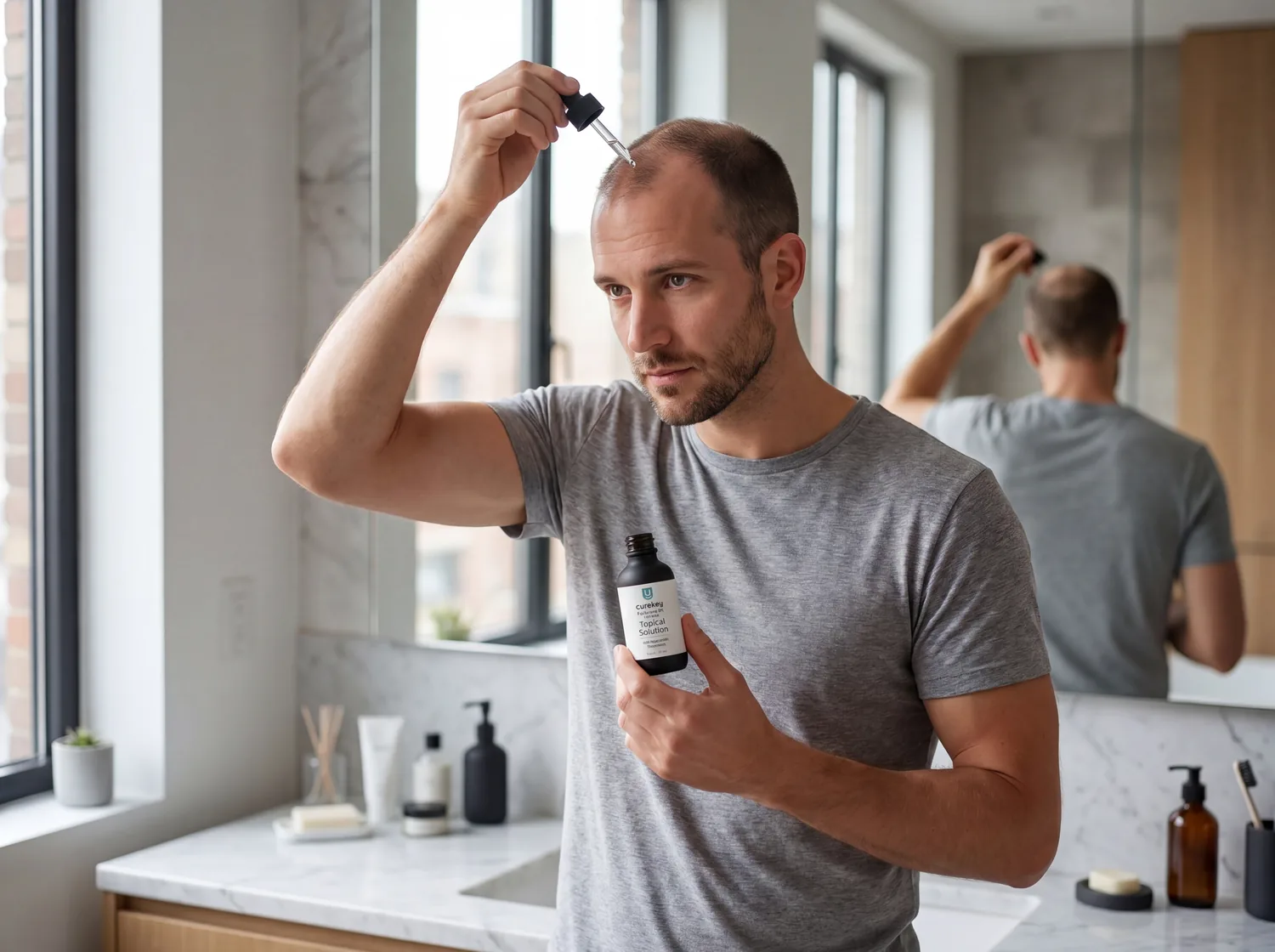 Patient applying a topical hair-loss treatment in the bathroom