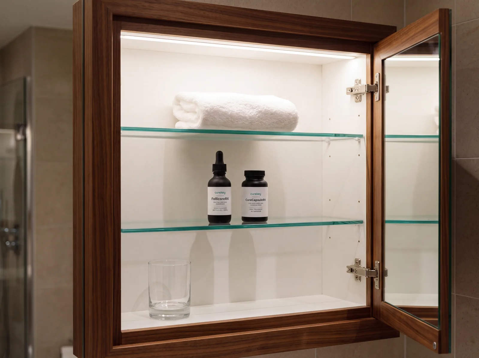 FollicoreRX and CoreCapsuleRX inside an open walnut bathroom cabinet