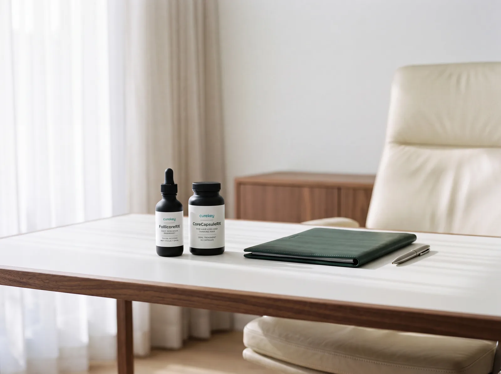 FollicoreRX and CoreCapsuleRX on a white desk in a bright study