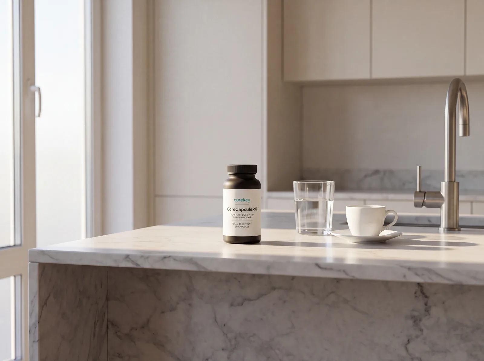 CoreCapsuleRX on a marble kitchen counter with a glass of water