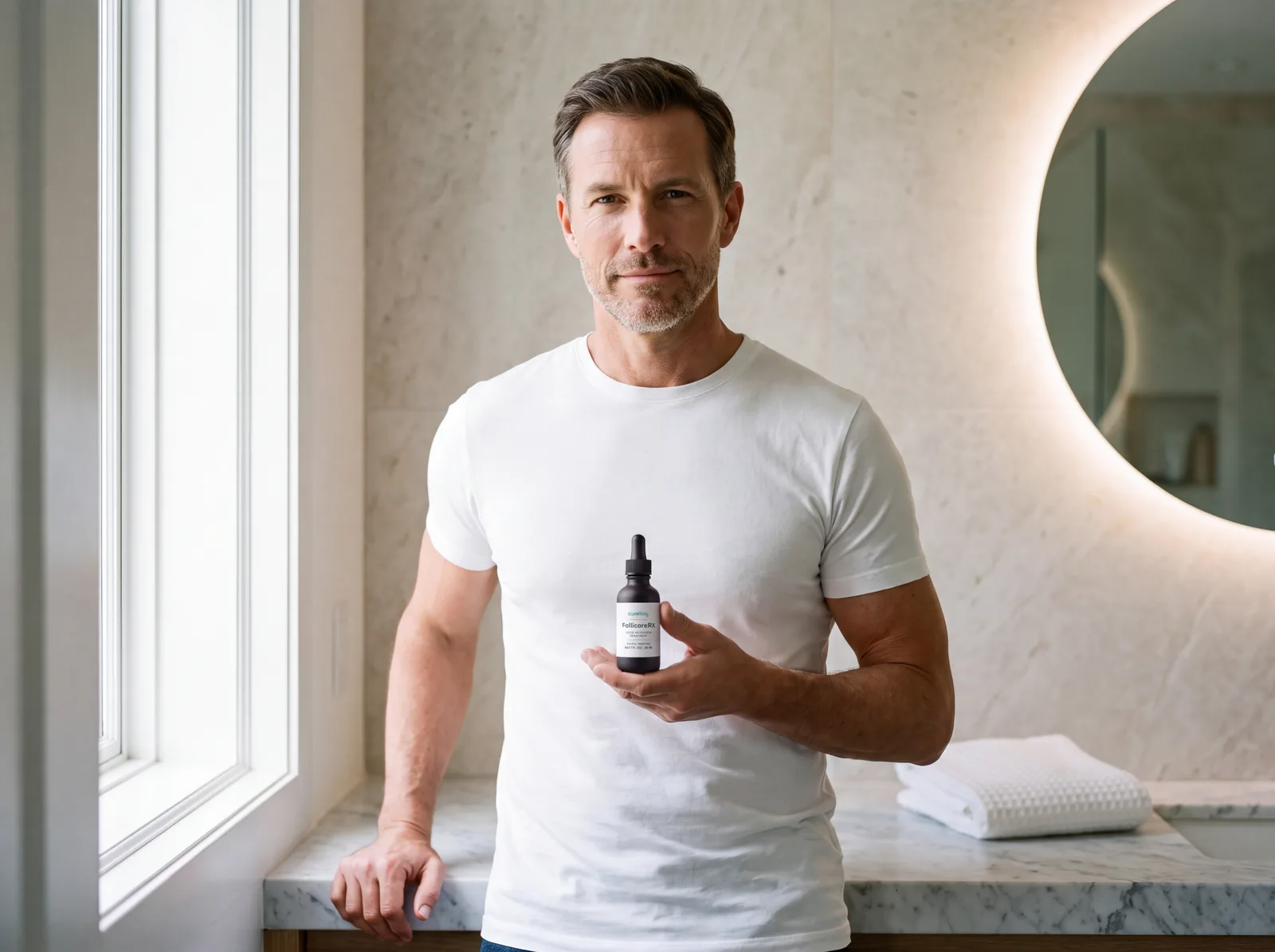 Man in a white T-shirt holding FollicoreRX in a bright bathroom