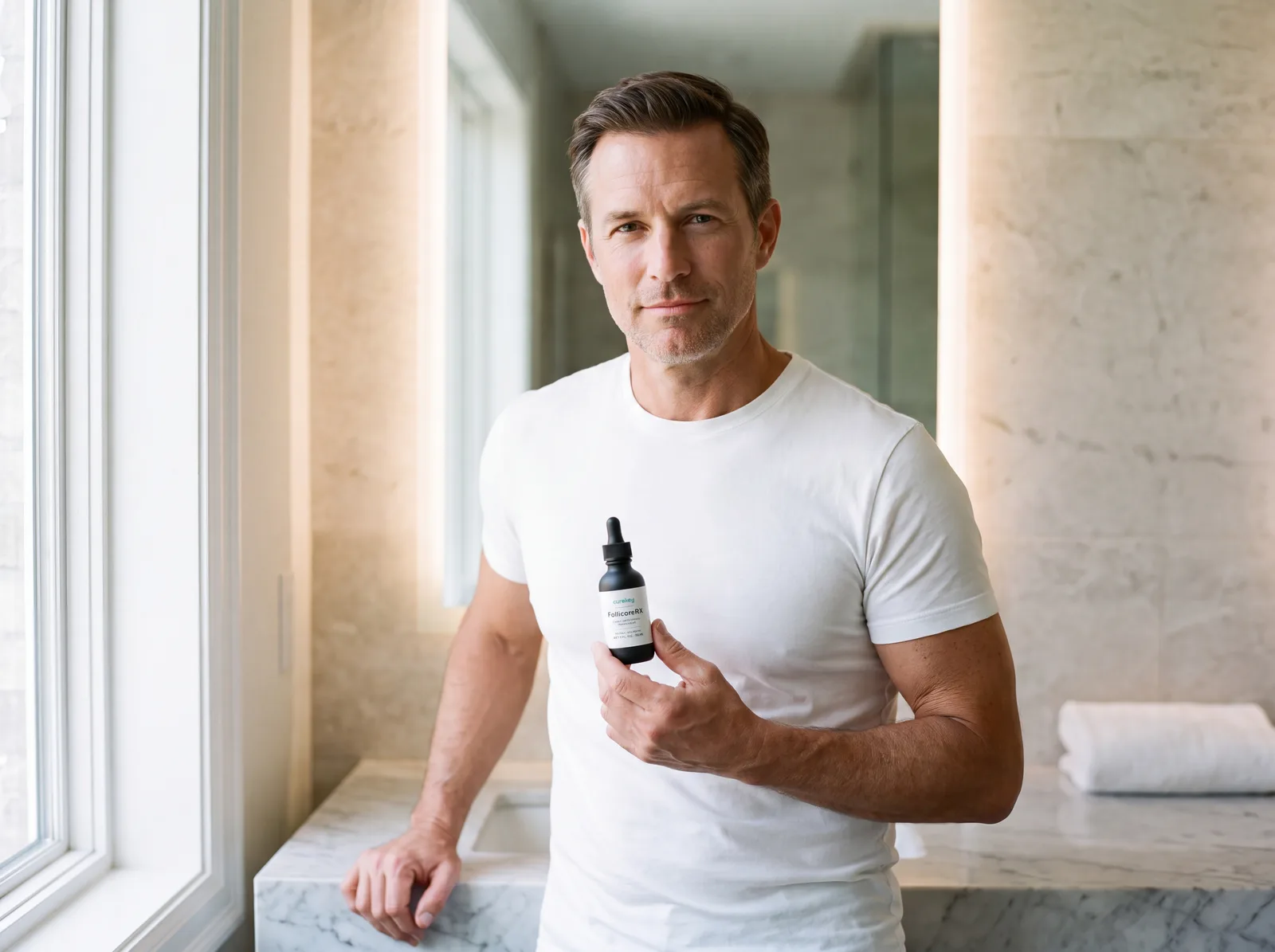Man holding FollicoreRX by a bathroom window