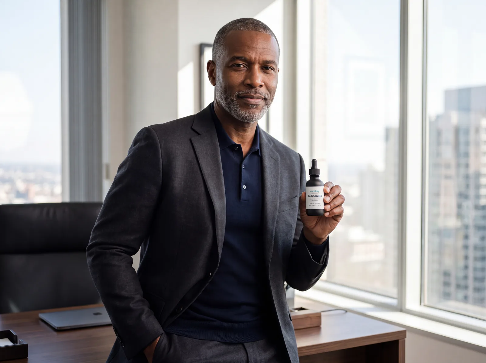 Man in a blazer holding FollicoreRX in a high-rise office