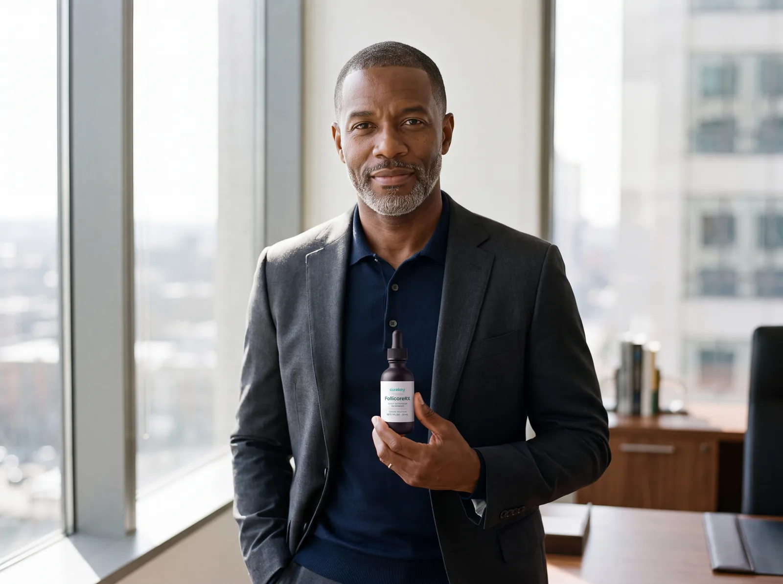 Man holding FollicoreRX by an office window