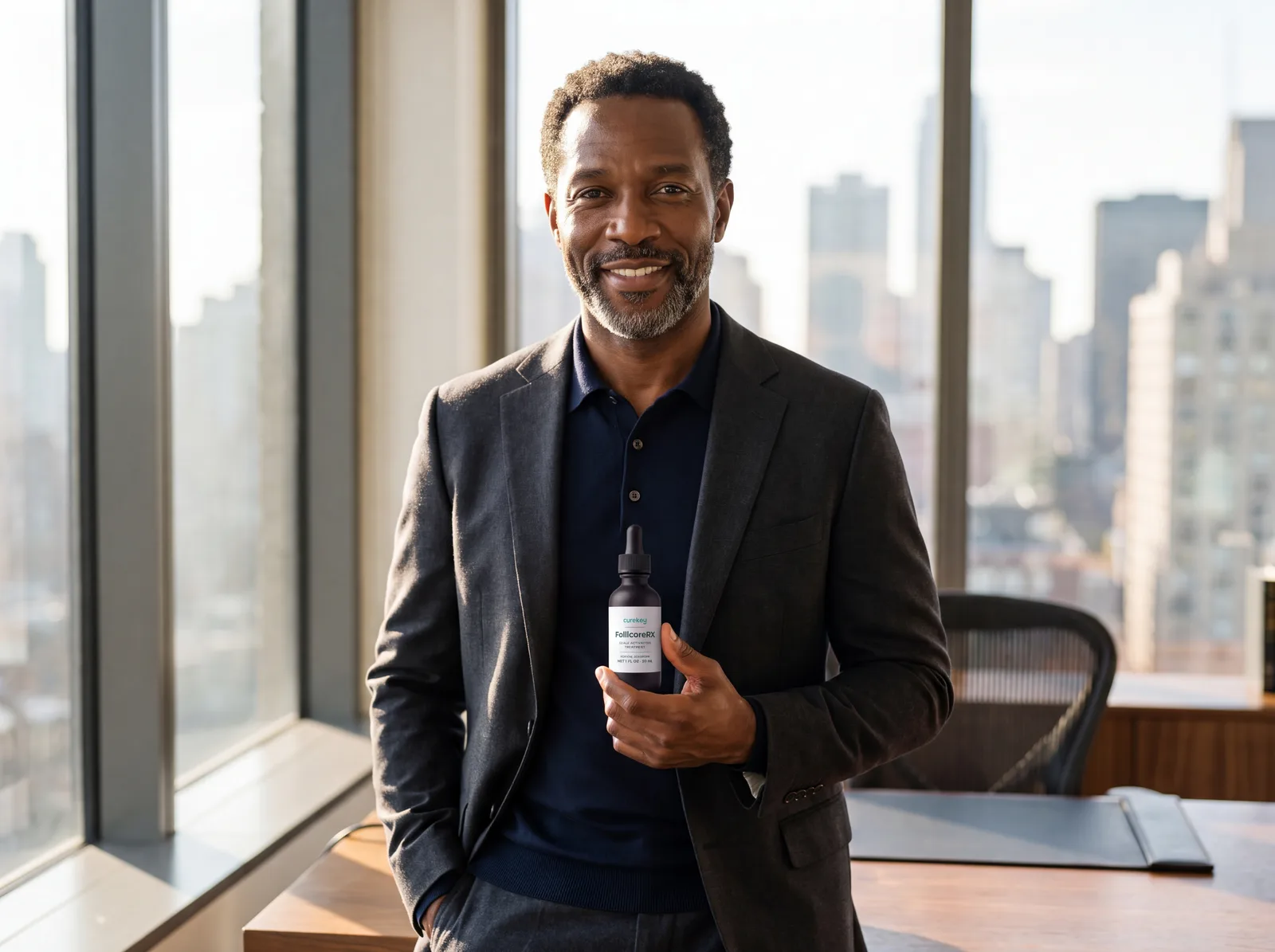 Smiling man holding FollicoreRX in his office