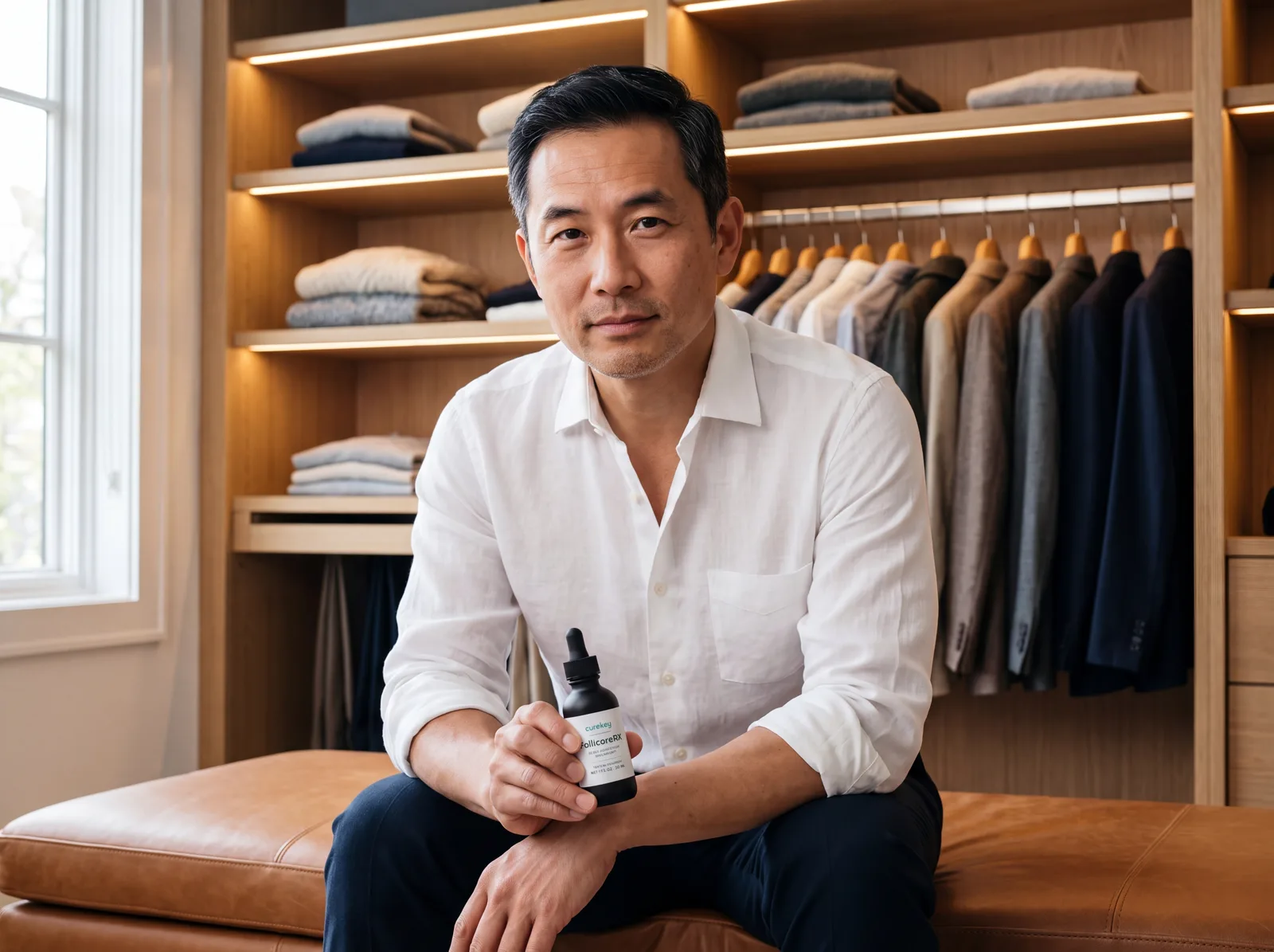 Man in a white shirt holding FollicoreRX in a dressing room