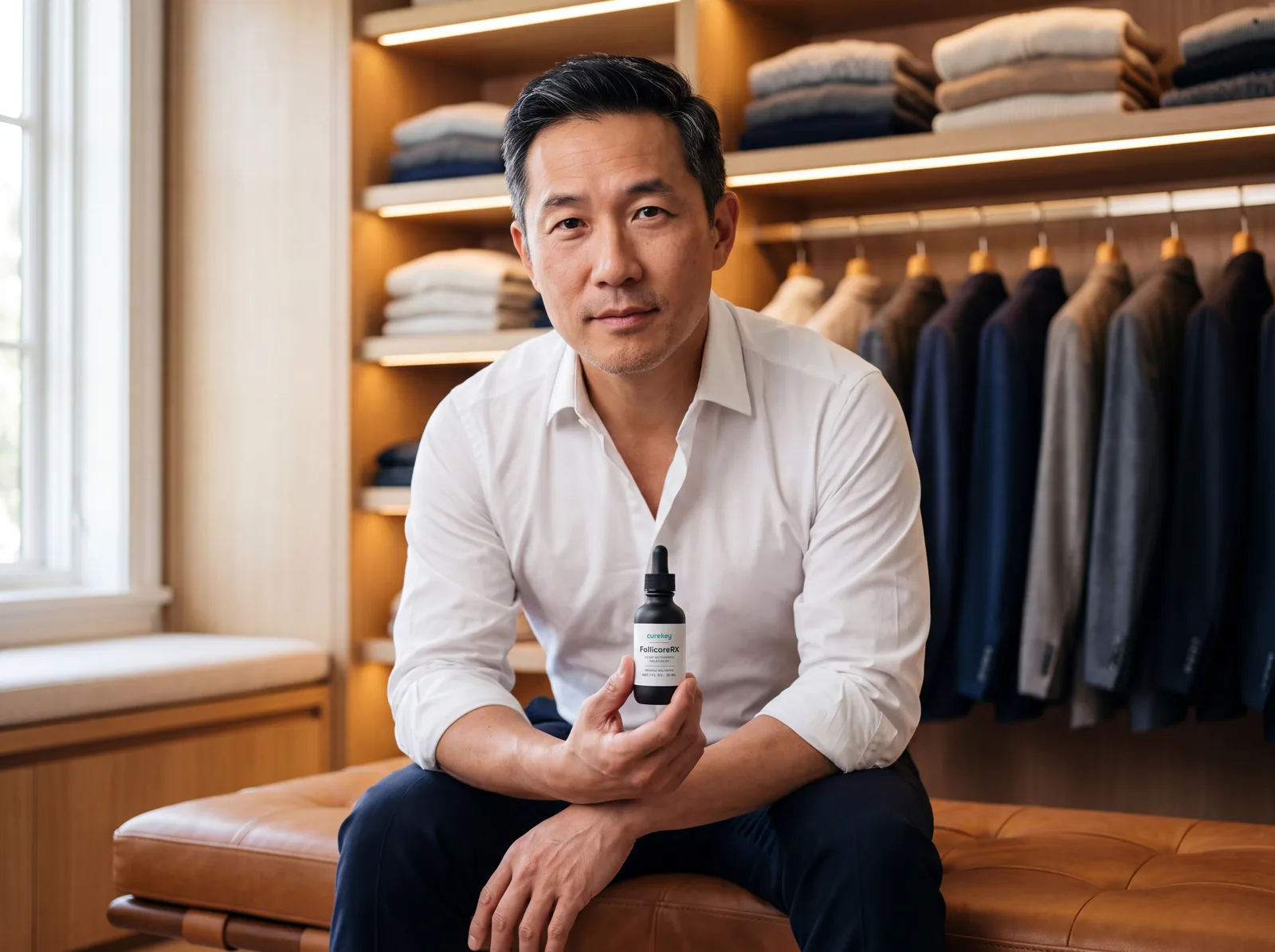 Man holding FollicoreRX, seated in a walk-in wardrobe
