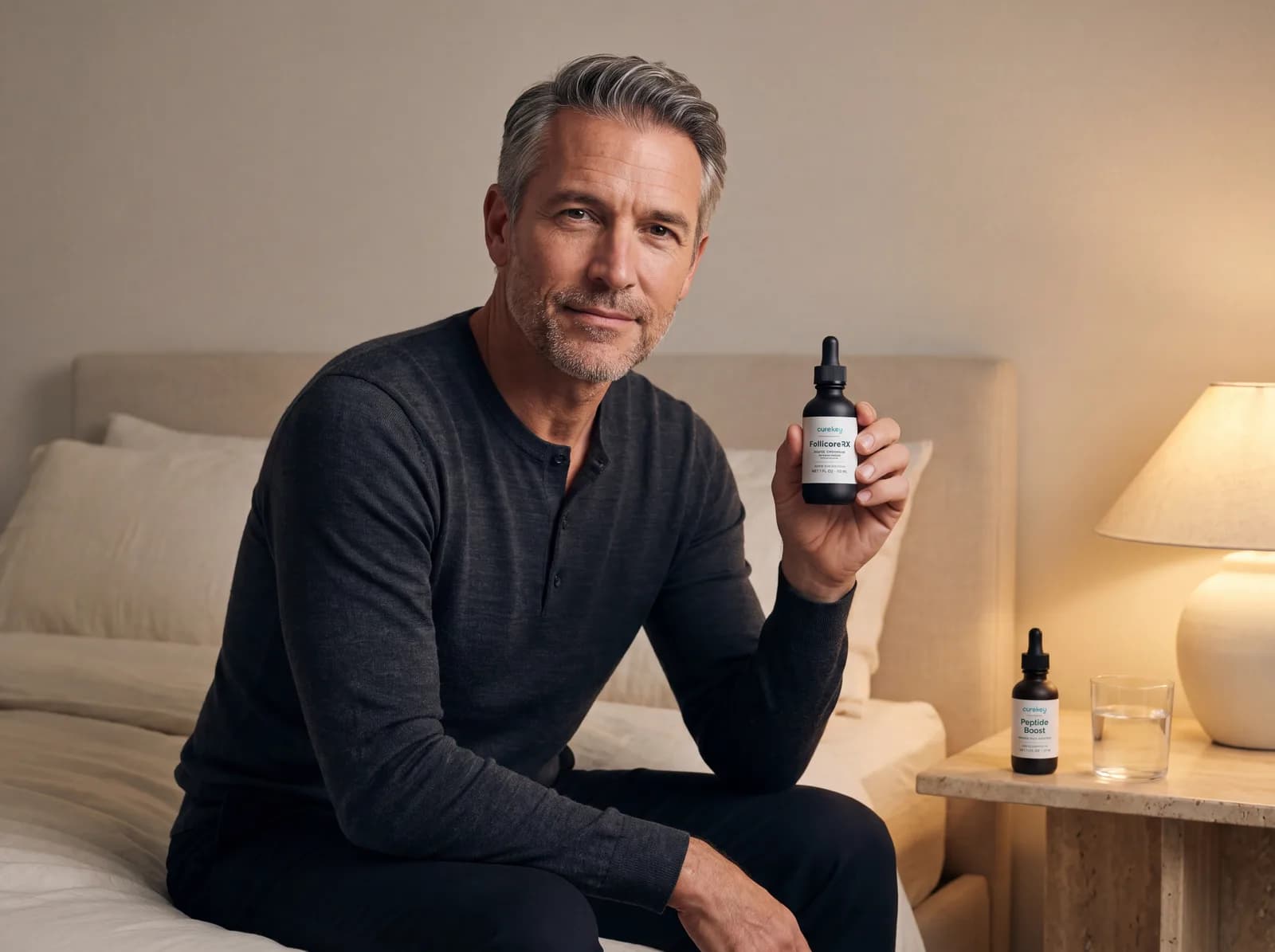 Man on the edge of his bed holding FollicoreRX in the evening
