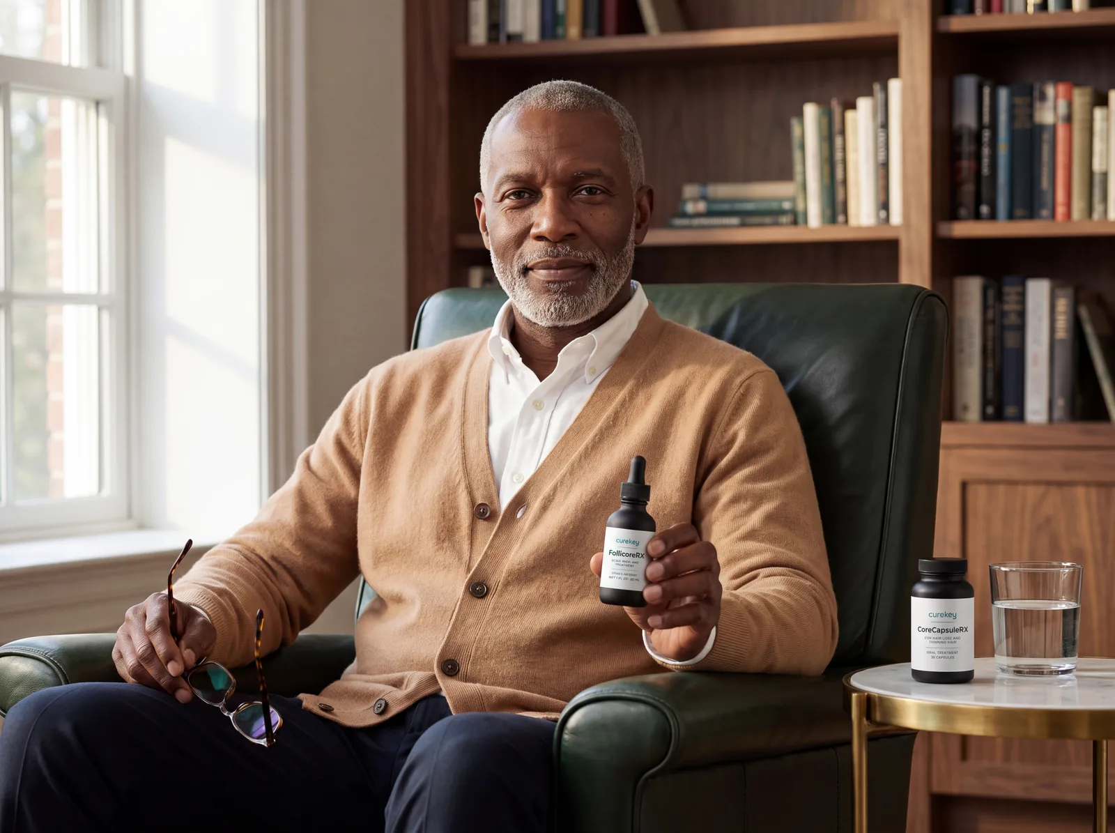 Man in a cardigan holding FollicoreRX in a library armchair