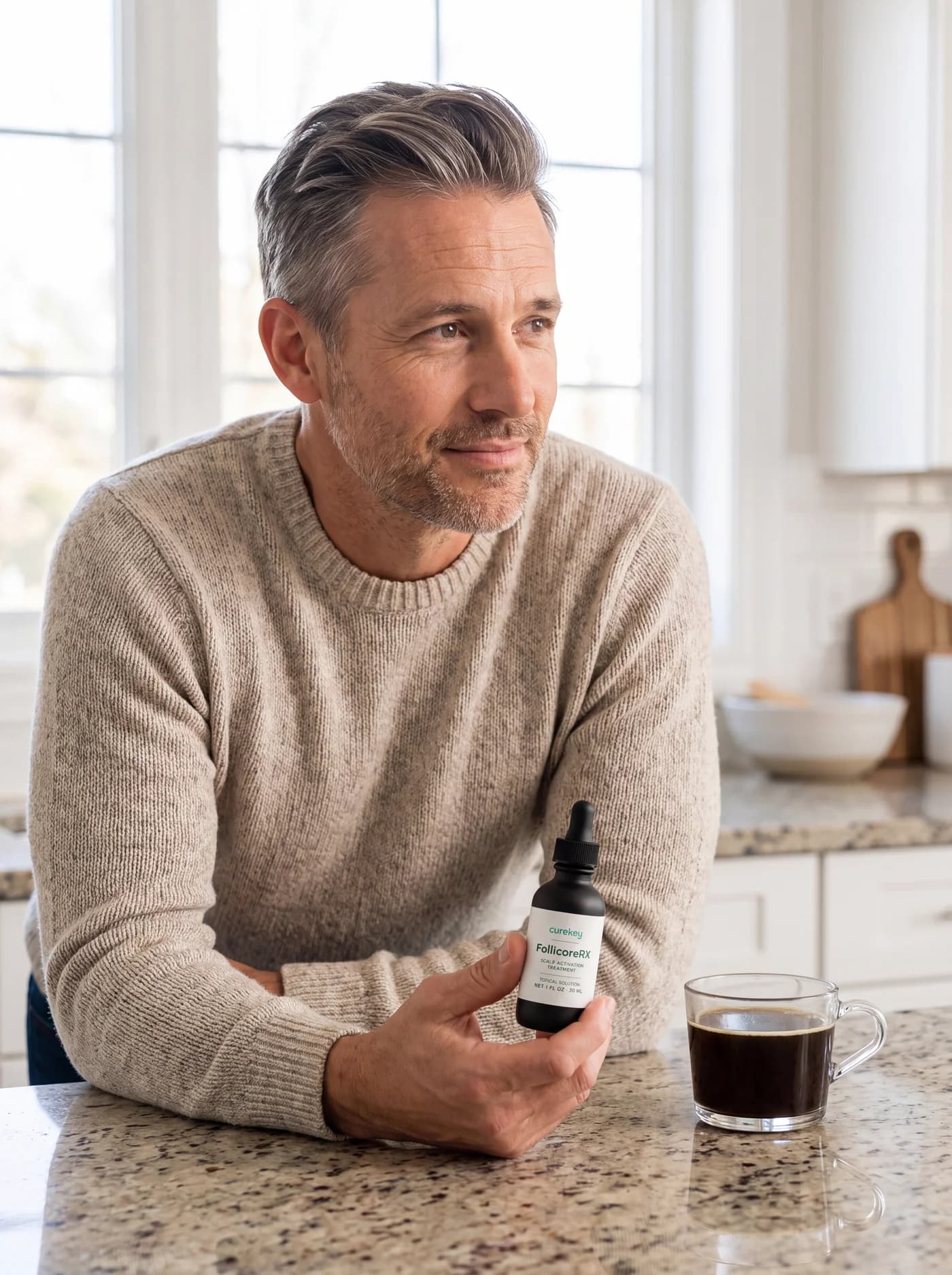 Man at a kitchen counter holding his FollicoreRX bottle