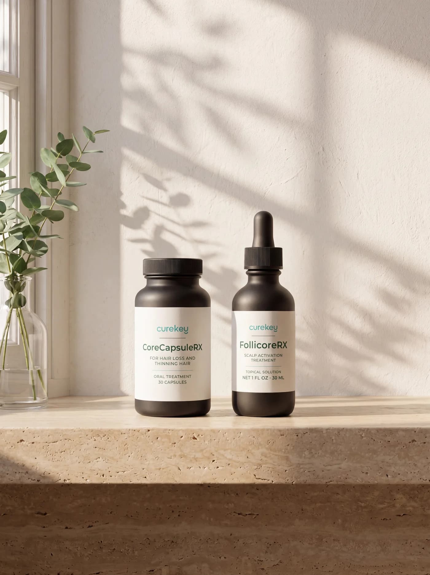 CoreCapsuleRX and FollicoreRX on a sunlit travertine window ledge