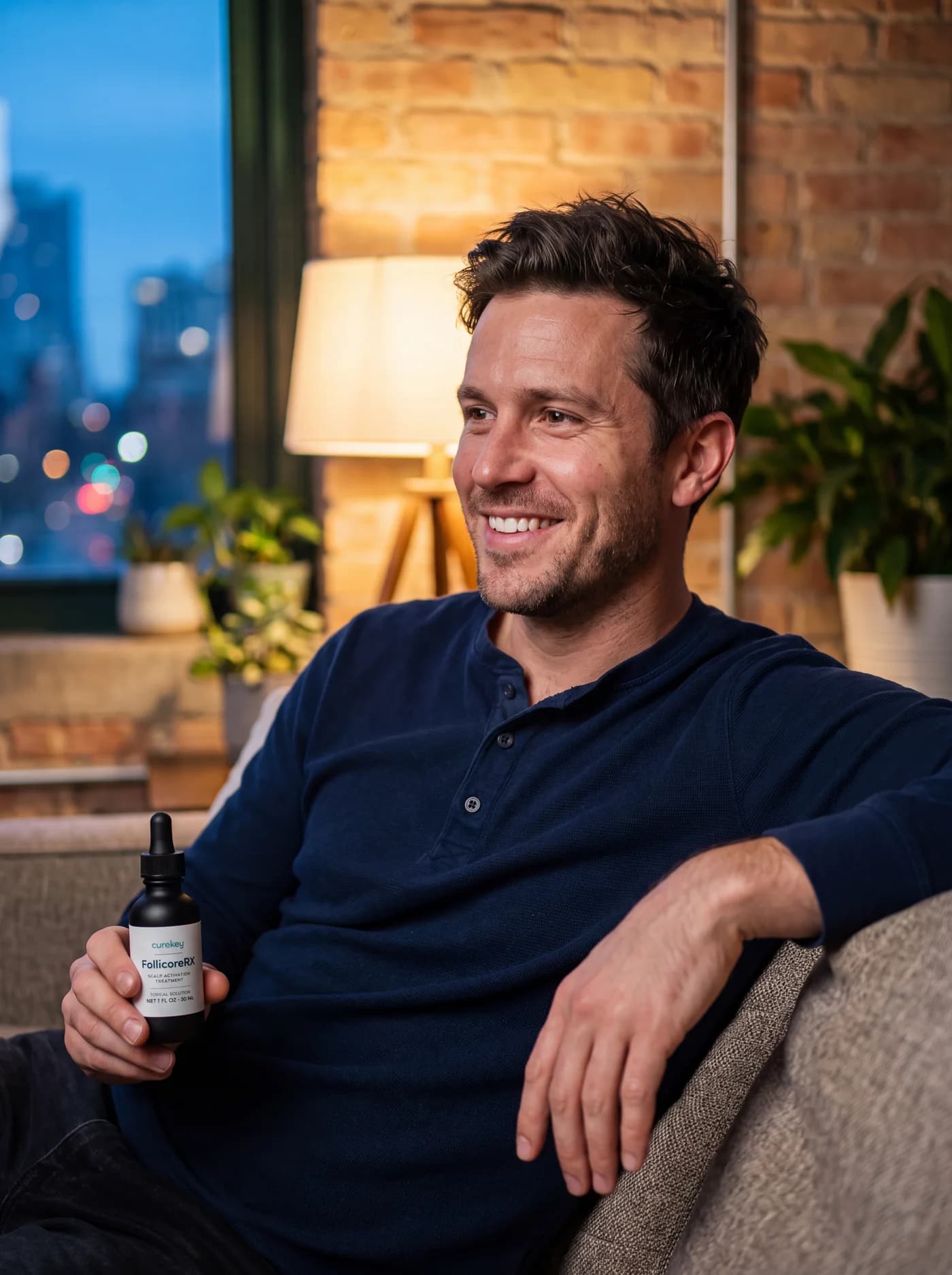 Man relaxing on a sofa holding his FollicoreRX bottle
