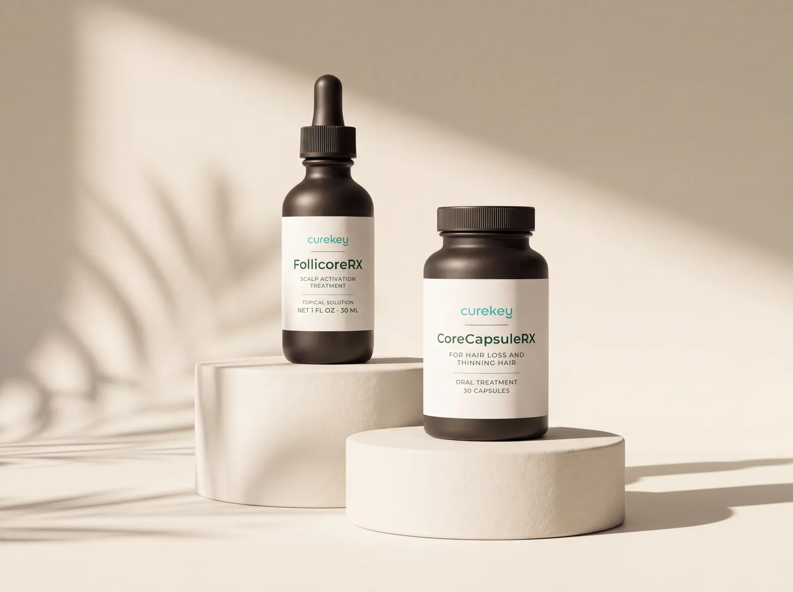 FollicoreRX and CoreCapsuleRX on stone plinths with leaf shadows