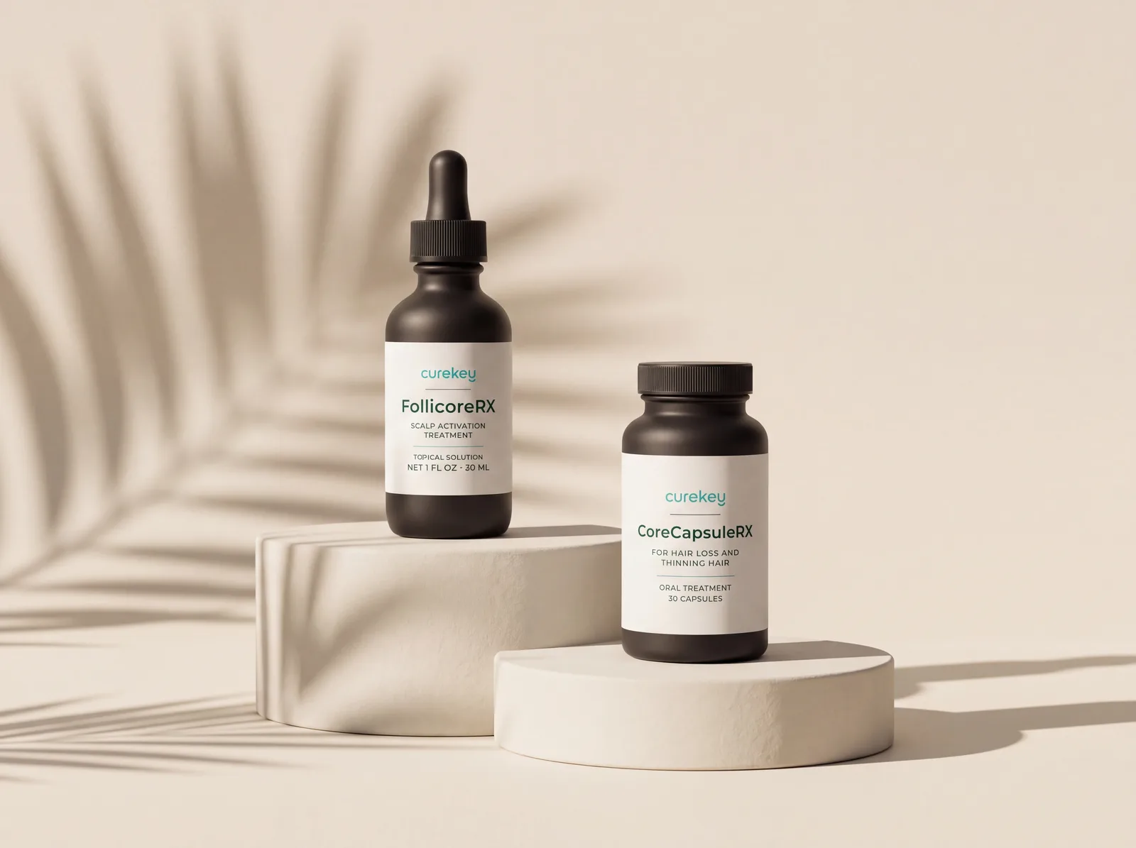 FollicoreRX and CoreCapsuleRX on plinths with palm shadows