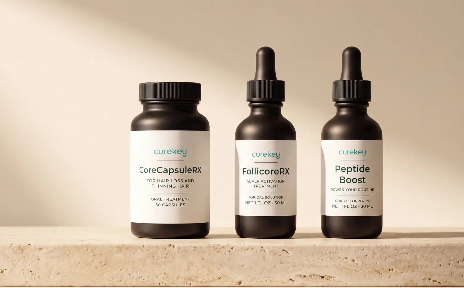 Tratamientos de Curekey: solución tópica FollicoreRX, cápsulas orales CoreCapsuleRX y Peptide Boost