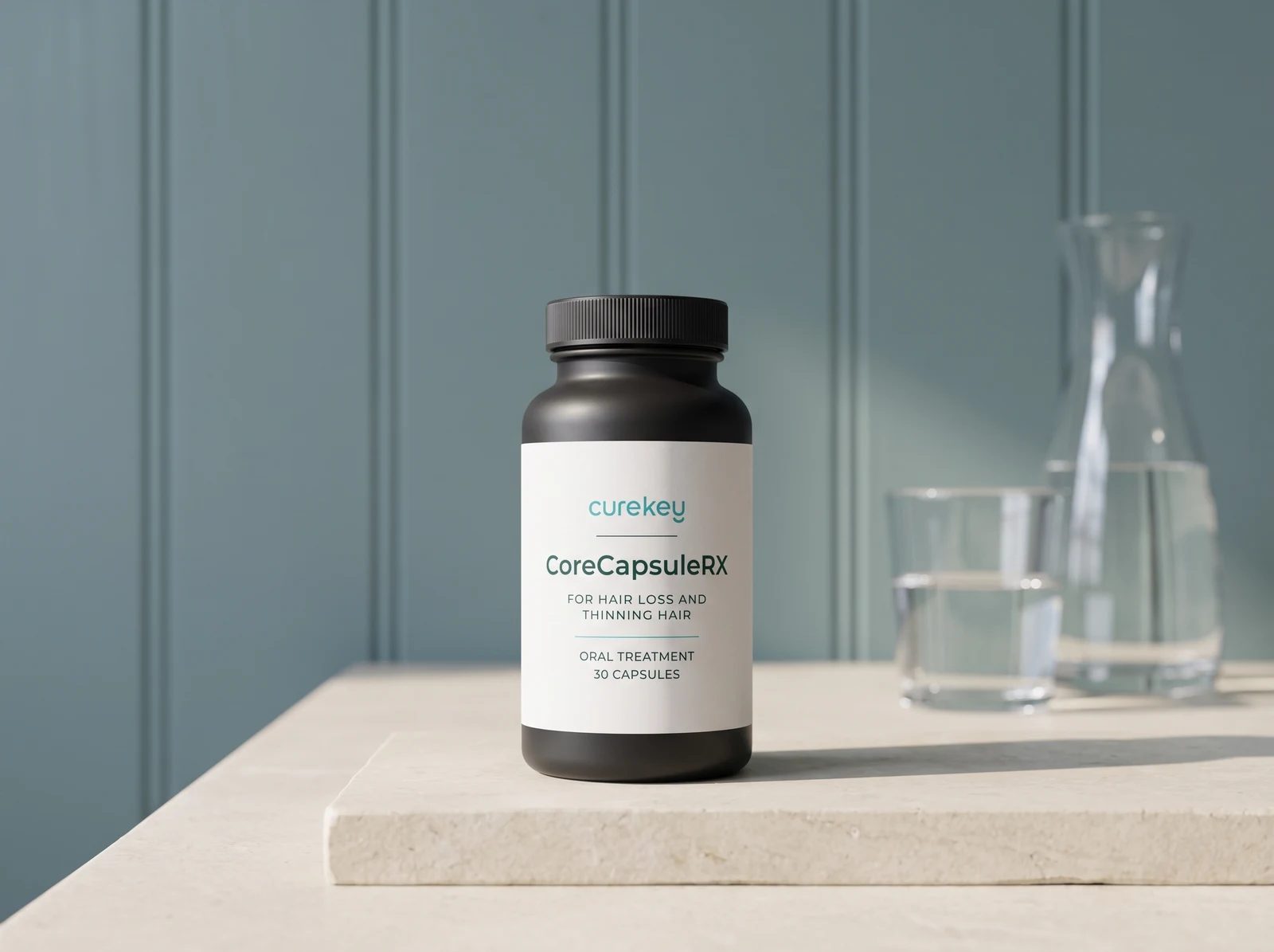 CoreCapsuleRX oral capsules on a limestone counter beside a glass and carafe of water