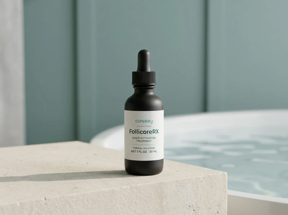 FollicoreRX topical solution on a limestone block beside a bath