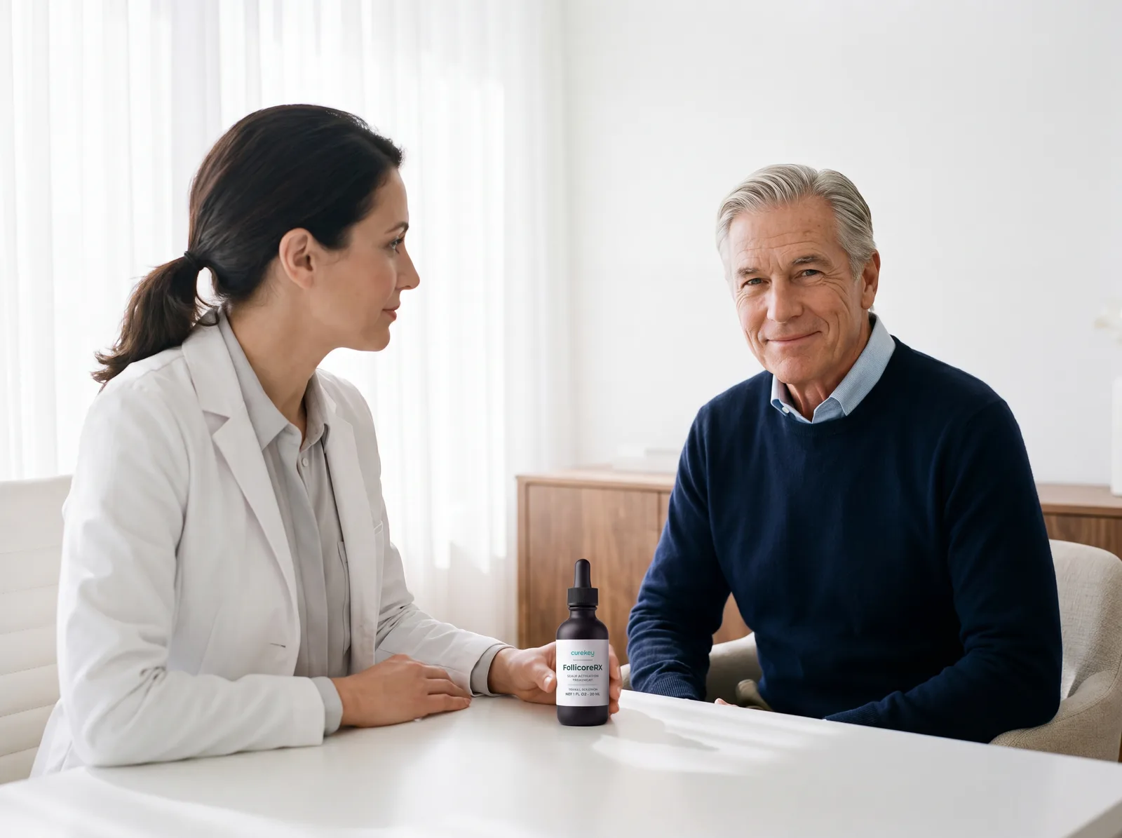 Clinician talking with a patient, with FollicoreRX on the table