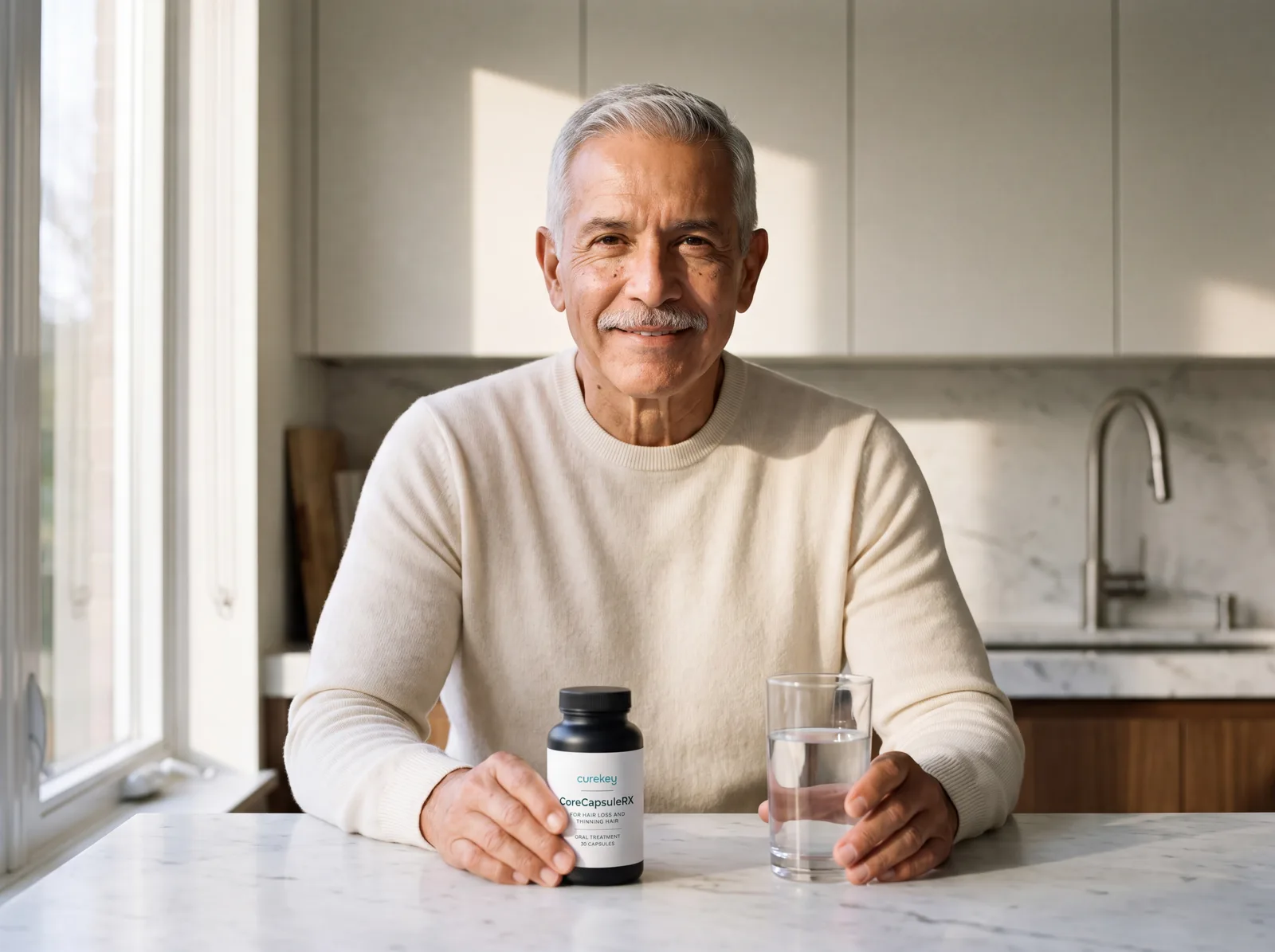 Man holding CoreCapsuleRX at a marble kitchen counter