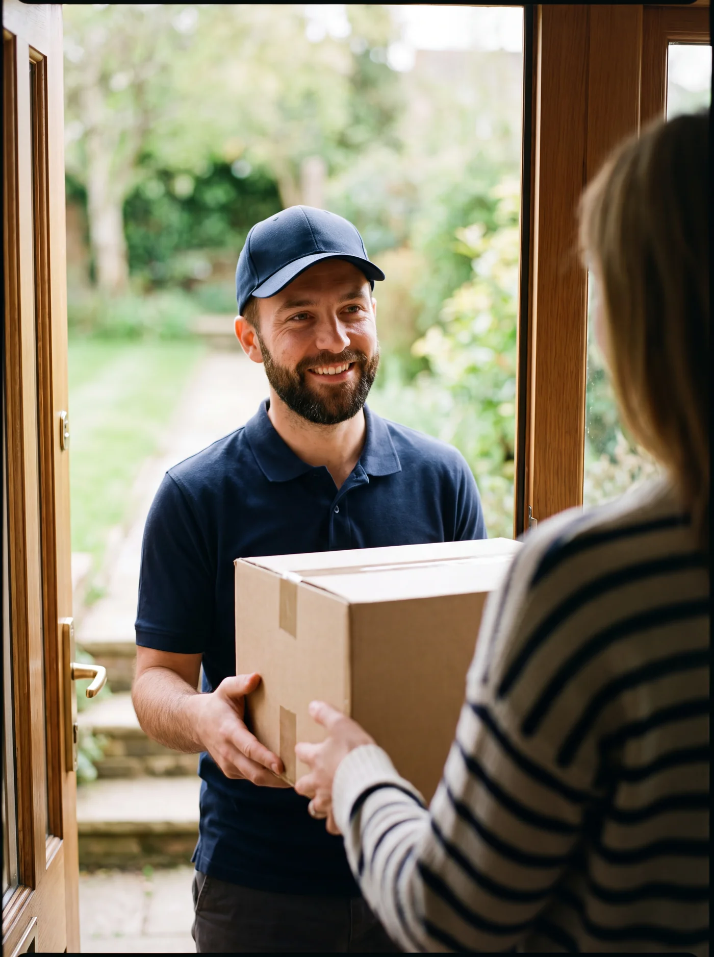 Courier handing a plain, unmarked package at the front door