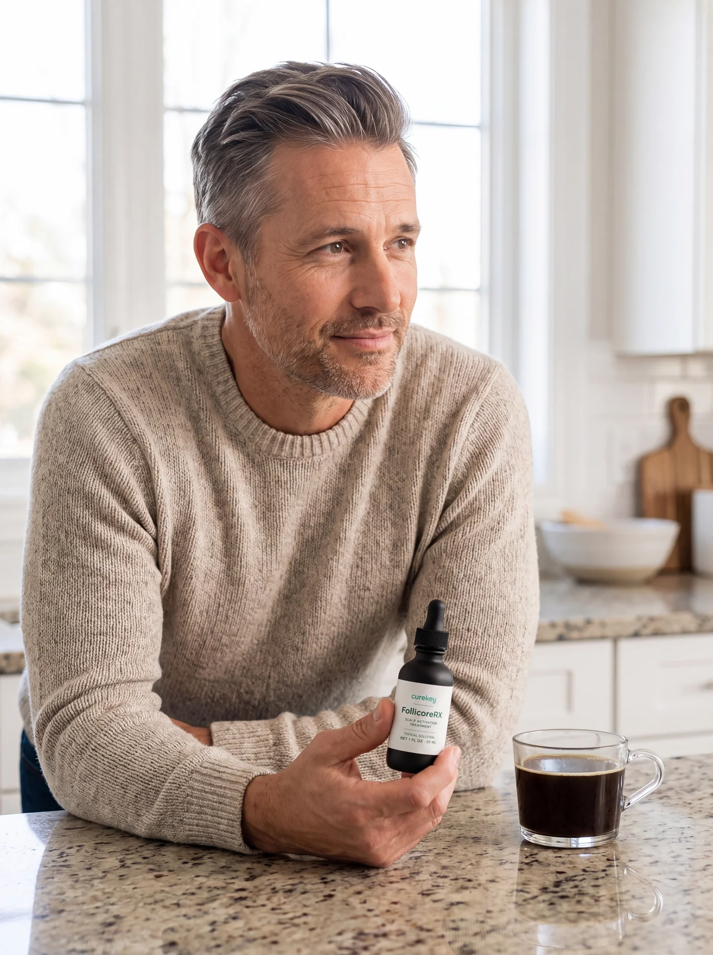 Man at a kitchen counter holding his FollicoreRX bottle