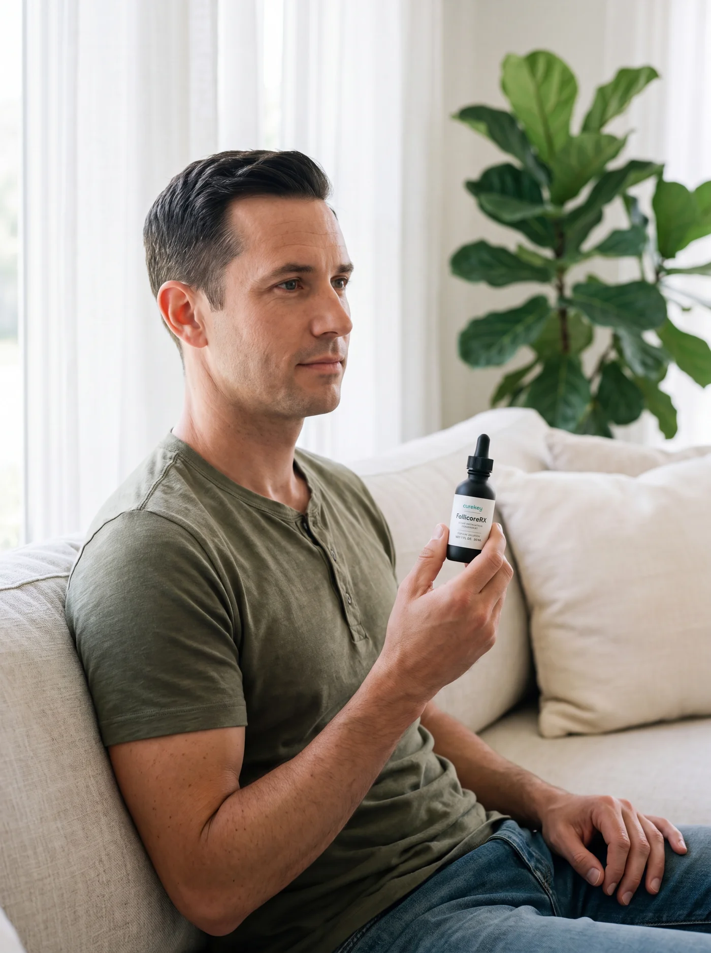 Man on a sofa holding his FollicoreRX bottle