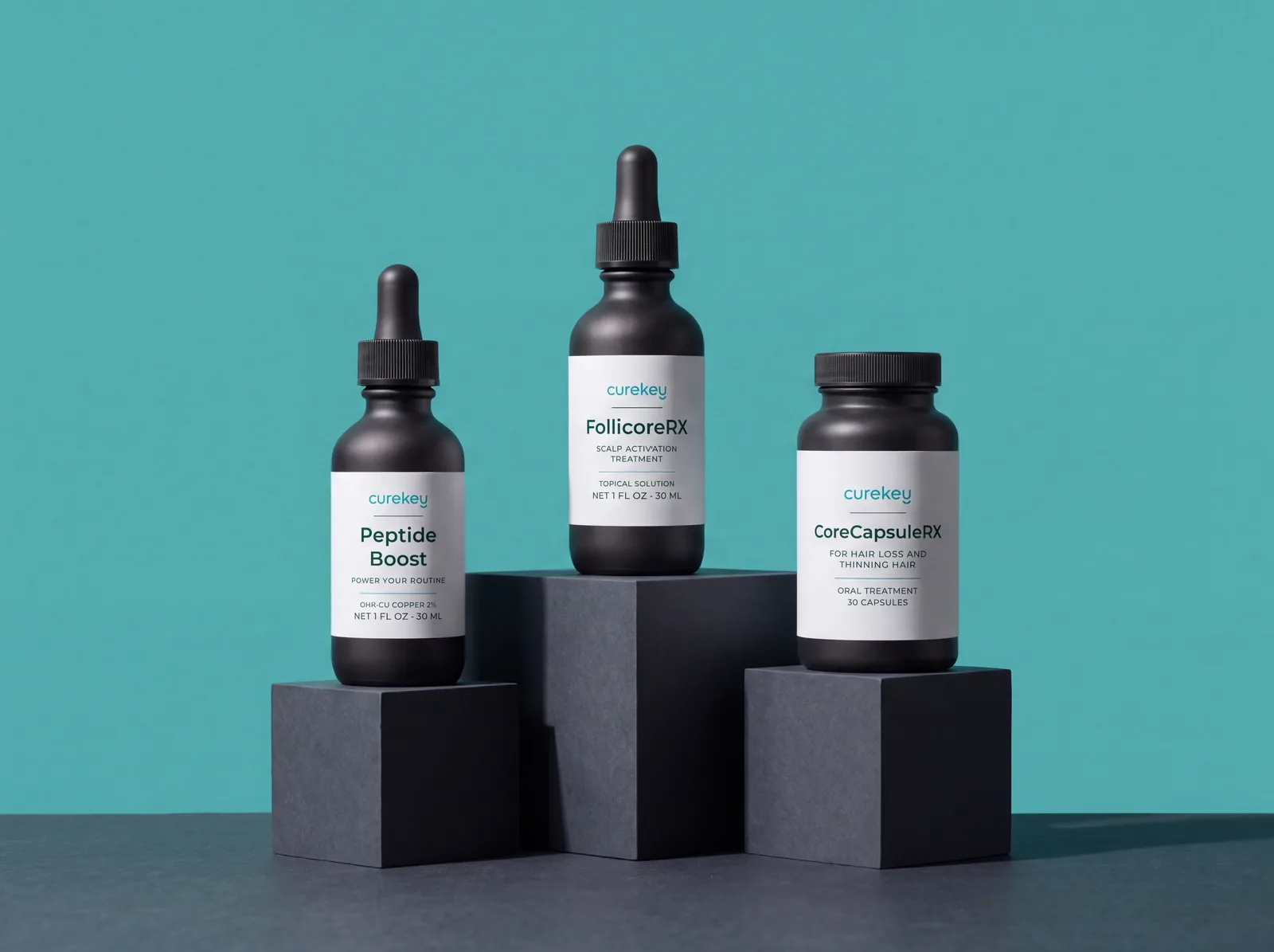 Peptide Boost, FollicoreRX and CoreCapsuleRX on dark plinths against a teal wall