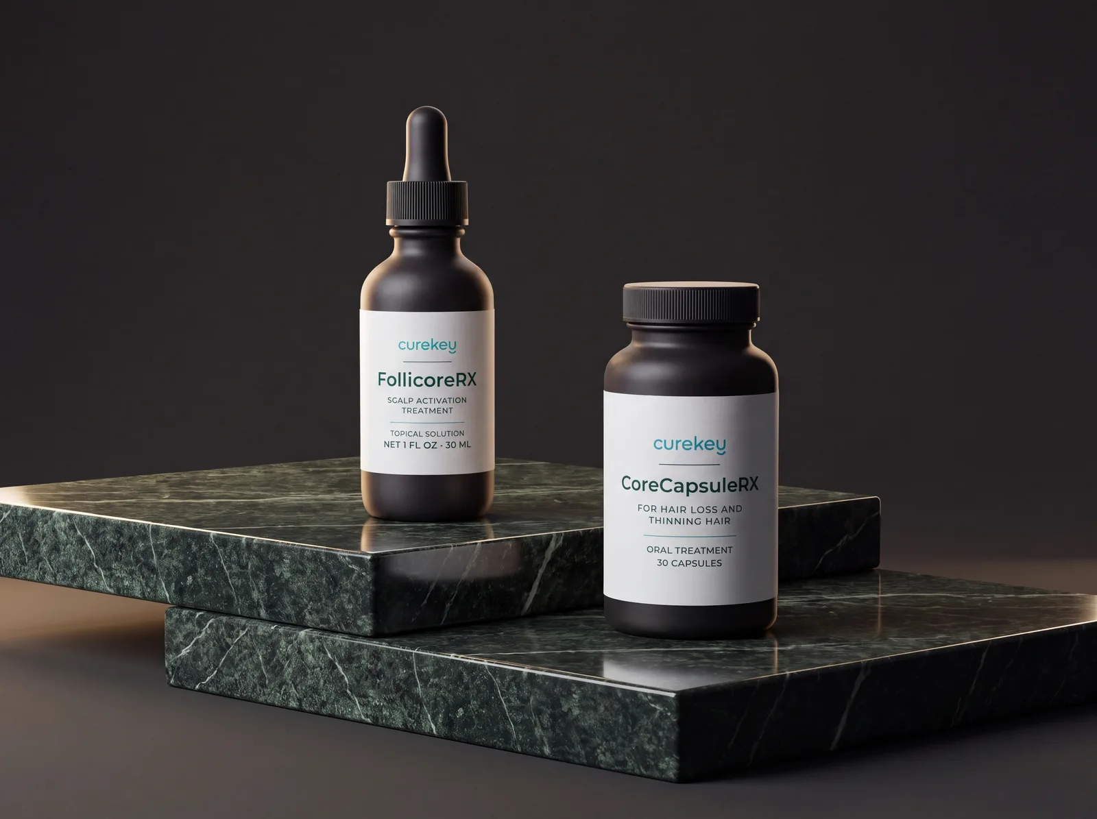 FollicoreRX and CoreCapsuleRX on green marble slabs