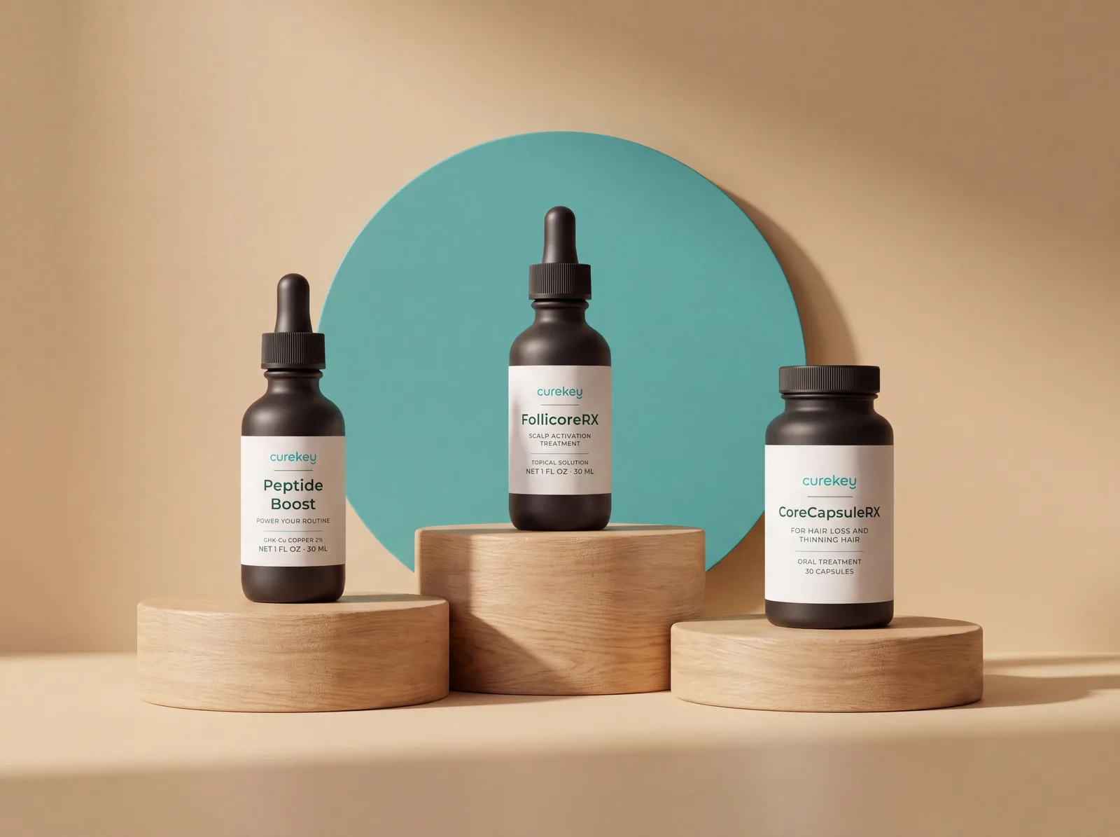 Peptide Boost, FollicoreRX and CoreCapsuleRX on wooden plinths