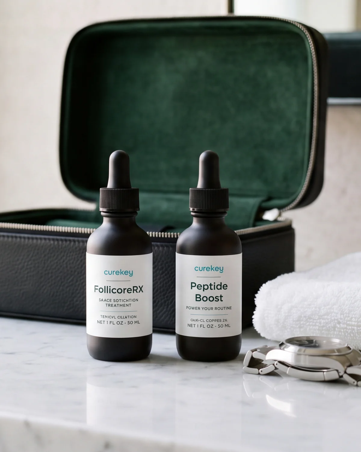 FollicoreRX and Peptide Boost on a marble vanity in front of a leather travel case